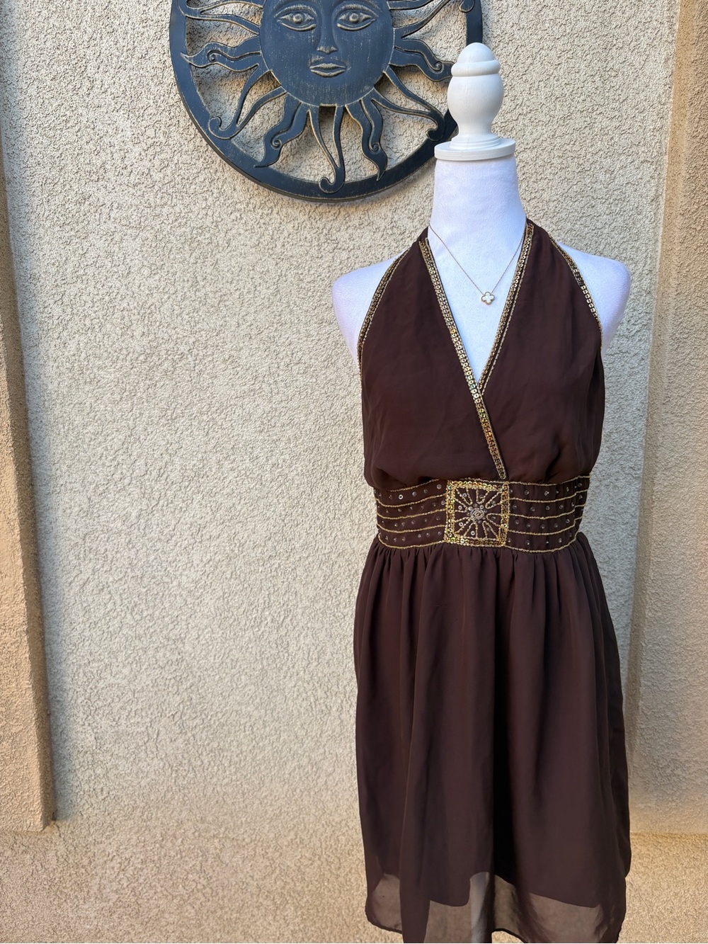 Ultra Pink Brown Gold Beaded Halter Mini Dress Y2K Boho Goddess Embellished